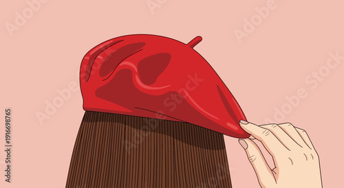 A hand adjusts a red cap on a person's head with long brown hair