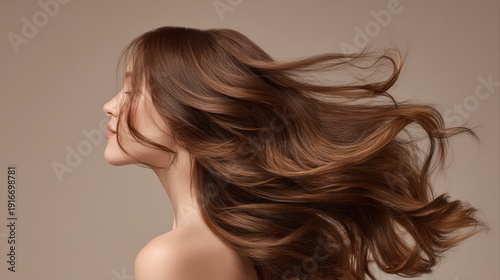 A beautiful brunette woman with long, flowing hair in profile. Her silky, healthy hair streams out gracefully, highlighting shine and volume.