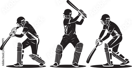 Set of batsman silhouette playing cricket on the field.