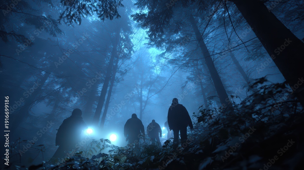 Fototapeta premium People in dense forest, some holding torches, looking for missing person, tense cinematic fog