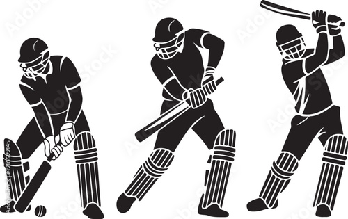 Set of batsman silhouette playing cricket on the field. Black and white