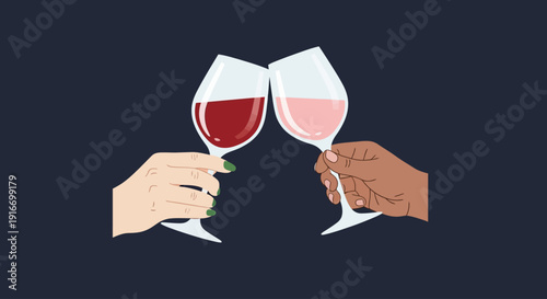 Two hands holding wine glasses in a toast, one red and one pink, against a dark background