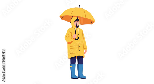 A person wearing a yellow raincoat and blue boots holding an orange umbrella while standing