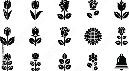 Collection of black and white flower icons and a bell