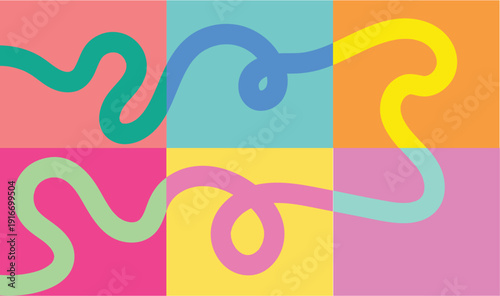 Vibrant Retro Wavy Squiggles on Colorful Grid Seamless Pattern | Bright Multicolor Abstract Loops Texture Tile | Playful 70s 80s Psychedelic Pop Art Background Vector 