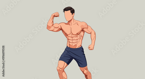A muscular man posing in athletic shorts showcasing strength and fitness in a dynamic illustration