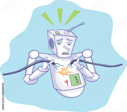 Robot Character Repairing Cables.