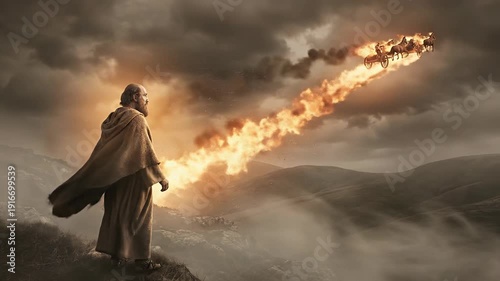 A conceptual representation of the biblical account of Elijah's ascension showing a figure (Elisha) standing on a misty hillside watching a trail of celestial fire streak across a dramatic, cloudy sky