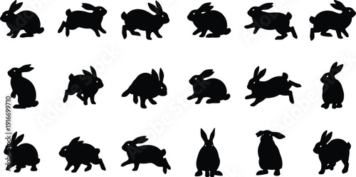 Collection of rabbit silhouettes in various poses and movements