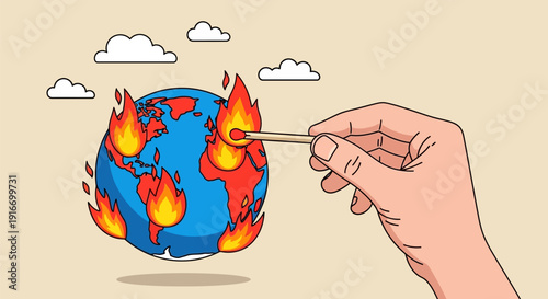 Hand holding matchstick to burning Earth illustration.