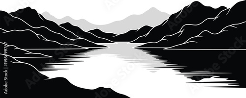 Panoramic Mountain Lake Landscape Vector Illustration, Scenic Nature Wilderness Silhouette Background with Forest and Water Reflection.