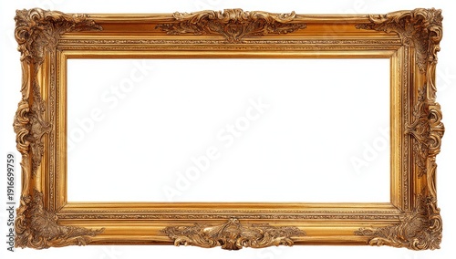 Ornate, rectangular, golden picture frame with elaborate carvings and an empty center