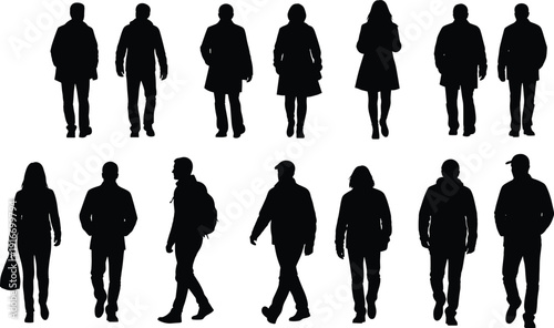 People walking silhouettes collection, men and women pedestrian figures isolated, urban crowd human shadow characters, casual walking poses vector illustration set