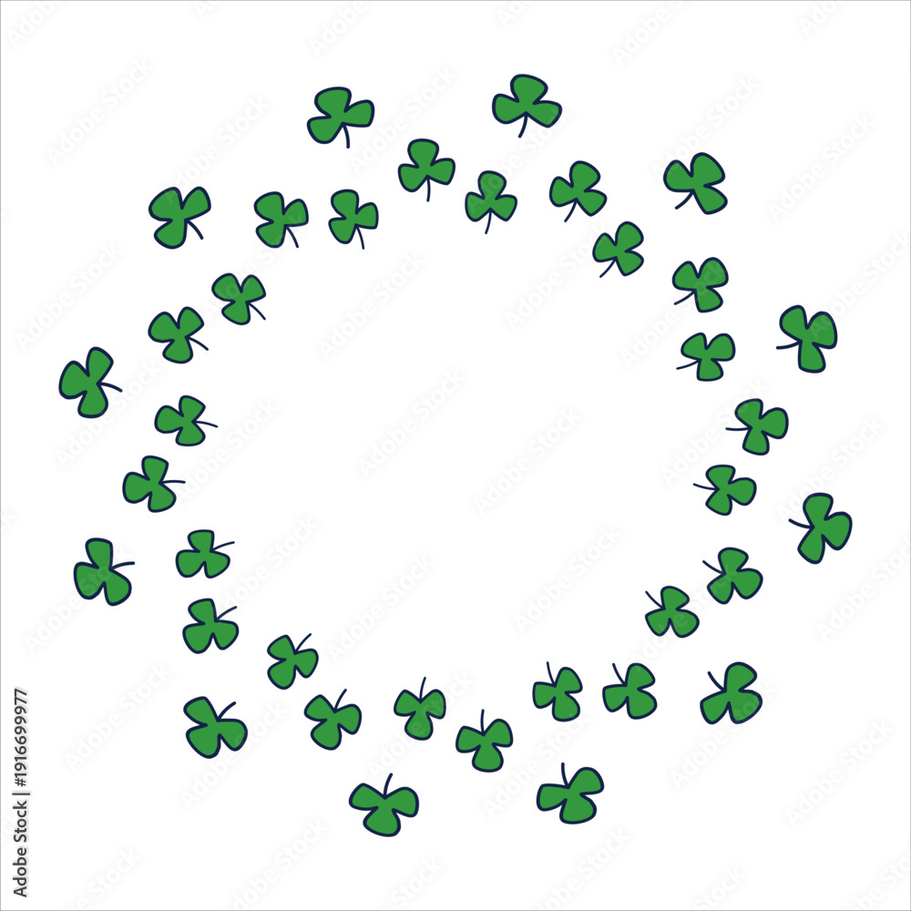 Fototapeta premium Fancy vector round frame made of green clover leaves, hand drawn textured wreath isolated on white background
