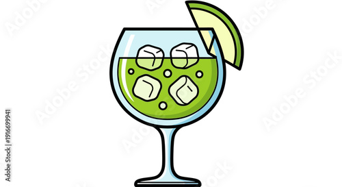 A refreshing cocktail glass filled with green liquid, ice, and lime on a transparent background viewed from the side.