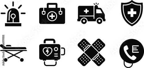 Emergency Response and First Aid Icon Collection with Ambulance, Medical Kit, and Rescue Equipment Silhouette Symbols