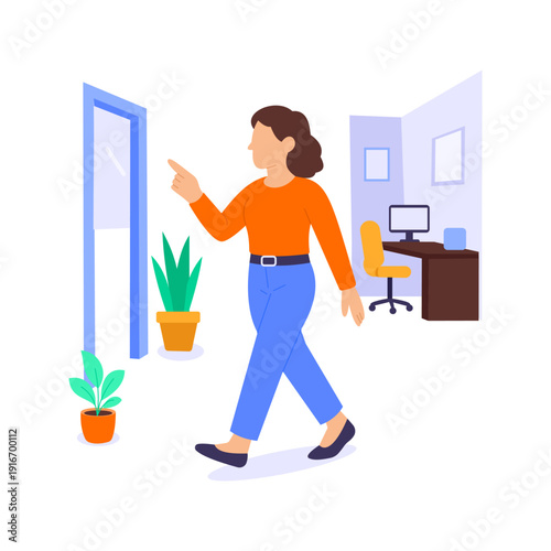Office Tour, showing facilities to new employee, Flat vector character illustration
