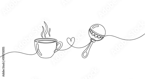 Mother’s Day Concept – Continuous One-Line Drawing of Tea Mug and Baby Rattle Connected by Flowing Line
