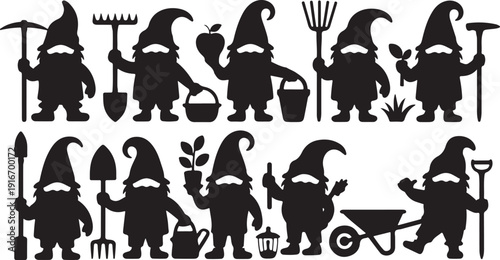 Silhouette fantastic gnome in the garden and in search of treasure. Laser cutting poses fairytale dwarf elf. Isolated vector illustration on white background