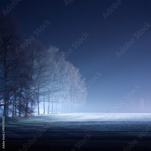 Mysterious foggy forest landscape at dusk with frosty trees