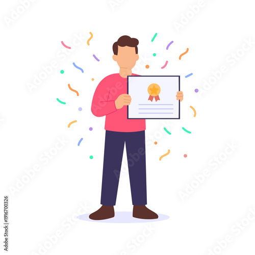 Completion Certificate, awarding recognition after onboarding program, Flat vector character illustration