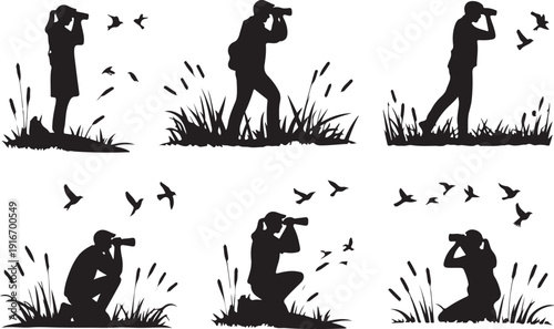 Silhouette of a person photographing wildlife , person holding binoculars while observing wetland birds vector silhouette