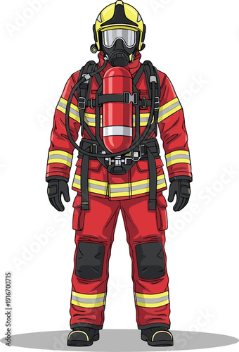 Flat illustration of a firefighter in a red protective suit with reflective stripes wearing a yellow helmet and oxygen tank