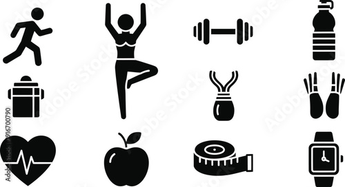 Healthy Lifestyle and Fitness Vector Icon Set: Exercise, Nutrition, Sports, Wellness, and Wearable Tech Glyphs