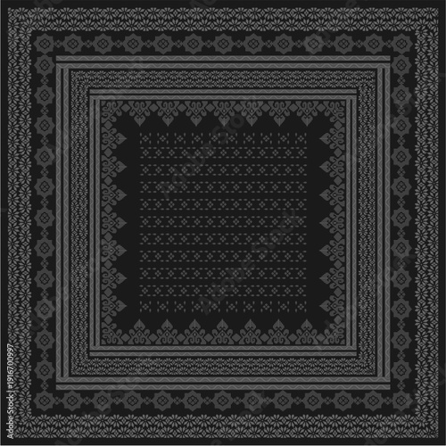 Elegant Black and Grey Hijab Scarf Pattern, Luxury Batik Ornament Square Design