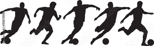 Soccer players, group of footballers. Set of isolated vector silhouettes. Ink drawing. Team sport