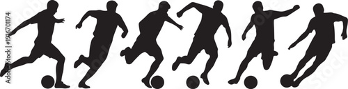 Soccer players, group of footballers. Set of isolated vector silhouettes. Ink drawing. Team sport