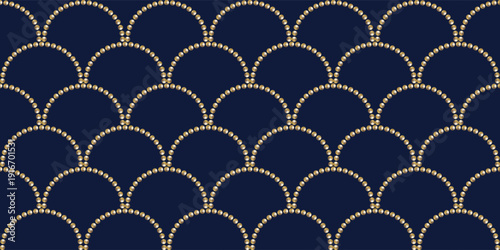 Golden beads fish scales seamless pattern. Elegant navy blue background with matte gold beaded arched lines. Luxury mermaid scale texture for wallpaper, textile, wrapping, and greeting cards.