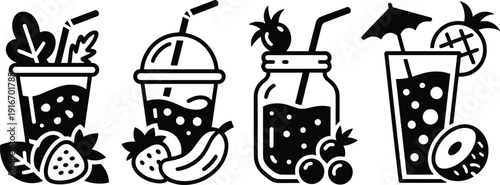 Silhouettes of smoothie, mason jar, tropical cocktail, and fruit drinks, symbolizing refreshment, summer, wellness, and lifestyle