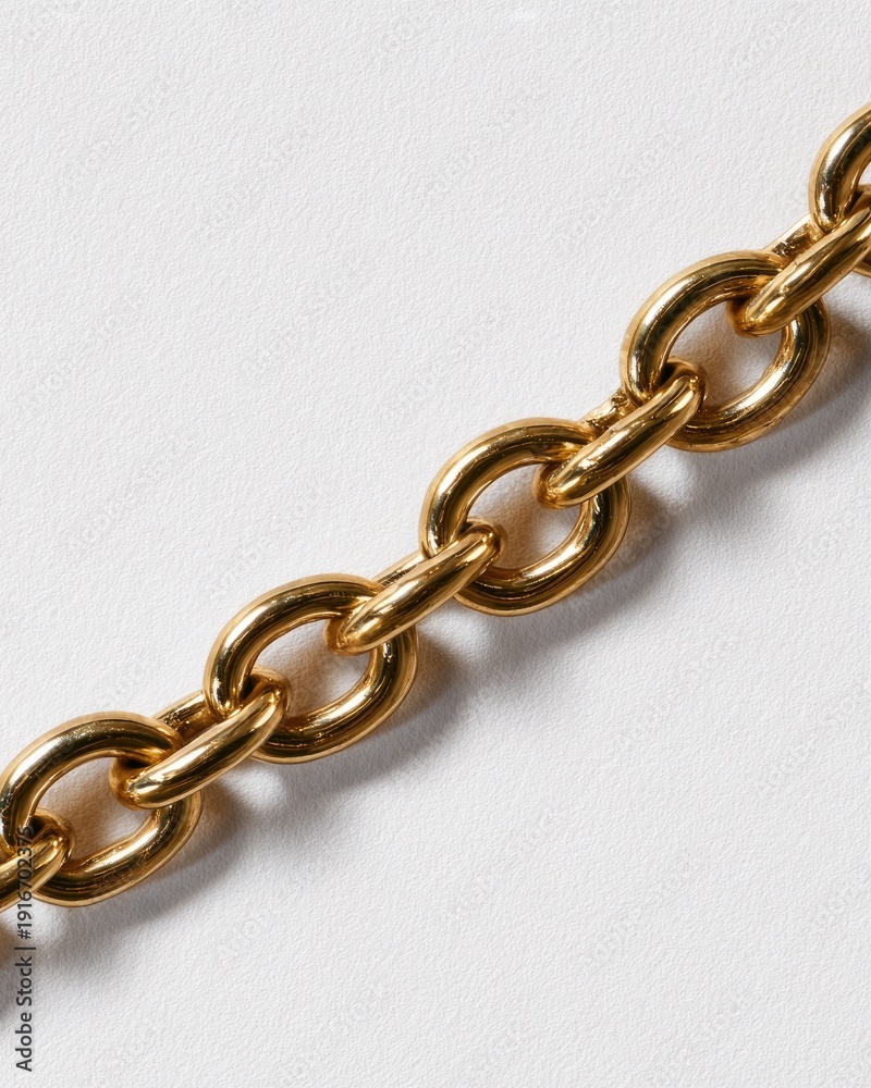 Fototapeta premium Close-up of a golden chain resting diagonally against a plain white background