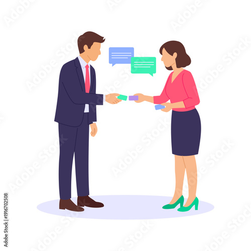 Exchanging Business Cards, sharing professional contact information formally, Flat vector character illustration