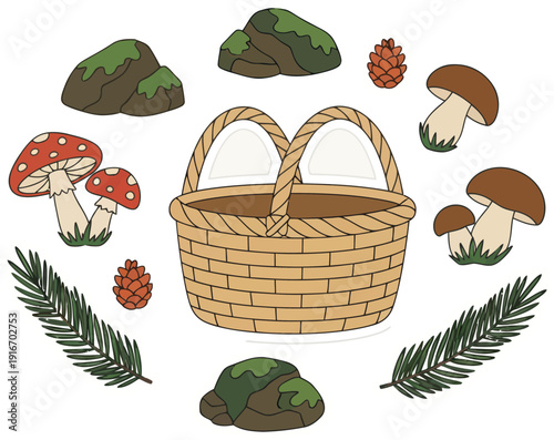 Wild Mushroom Basket Vector Illustration – Forest Foraging Food Icon Set