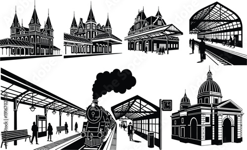 Black and white vintage railway station silhouette set with steam train locomotive passengers and historic terminal architecture for travel design