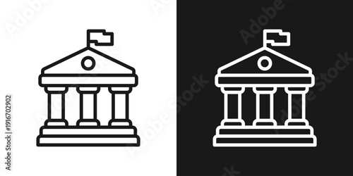 Bank Building Icon In Black And White Line Style