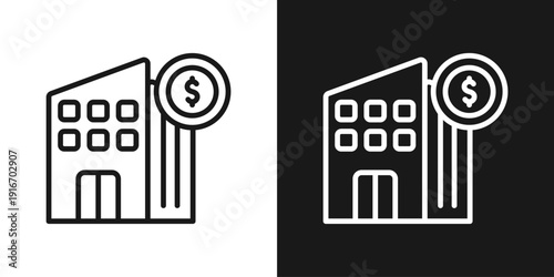 Finance Building Icon In Black And White Line Style