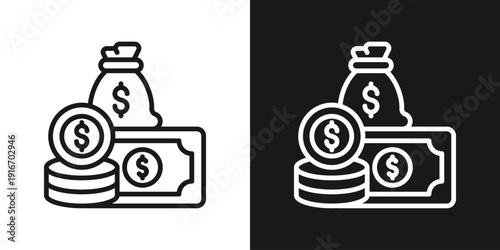 Cash Stack Icon In Black And White Line Style