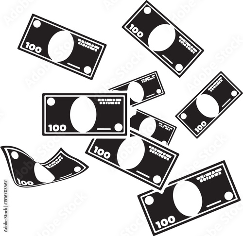 Black and white illustration of falling 100 dollar bills