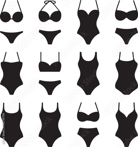 Vector illustration set of silhouettes of modern swimsuits and women s underwear on white background. Bikini set for girls.