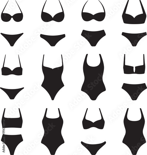 Vector illustration set of silhouettes of modern swimsuits and women s underwear on white background. Bikini set for girls.