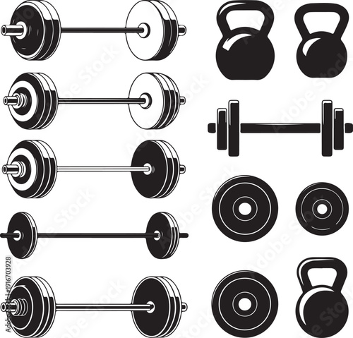 black and white illustration of various gym weights and dumbbells