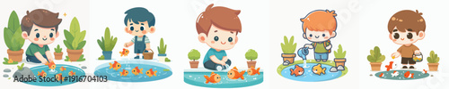 Cute Cartoon Boy Character Doing Activities with Fish and Plants Illustration