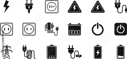 Electricity power icons set, energy symbols silhouettes, plug socket vector illustration, battery charge design, lightning bolt signs, electrical equipment collection