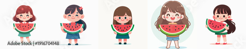 Cute Cartoon Style Illustration of Little Girls Holding Watermelon Slice Summer Fruit