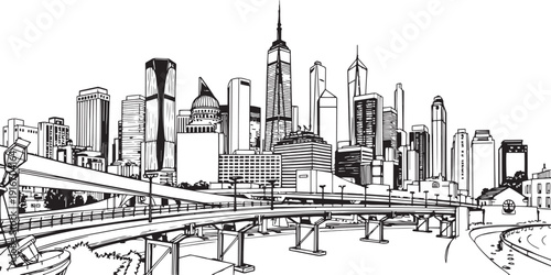 City landscape. Different buildings on street, outline cityscape hand sketch, flat houses. Hand drawn vector illustration