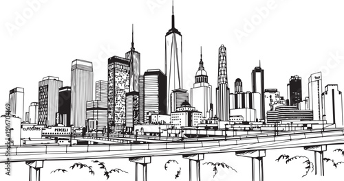 City landscape. Different buildings on street, outline cityscape hand sketch, flat houses. Hand drawn vector illustration