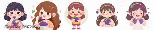 Cute Cartoon Illustration of Little Girls Eating Grapes, Happy and Cheerful